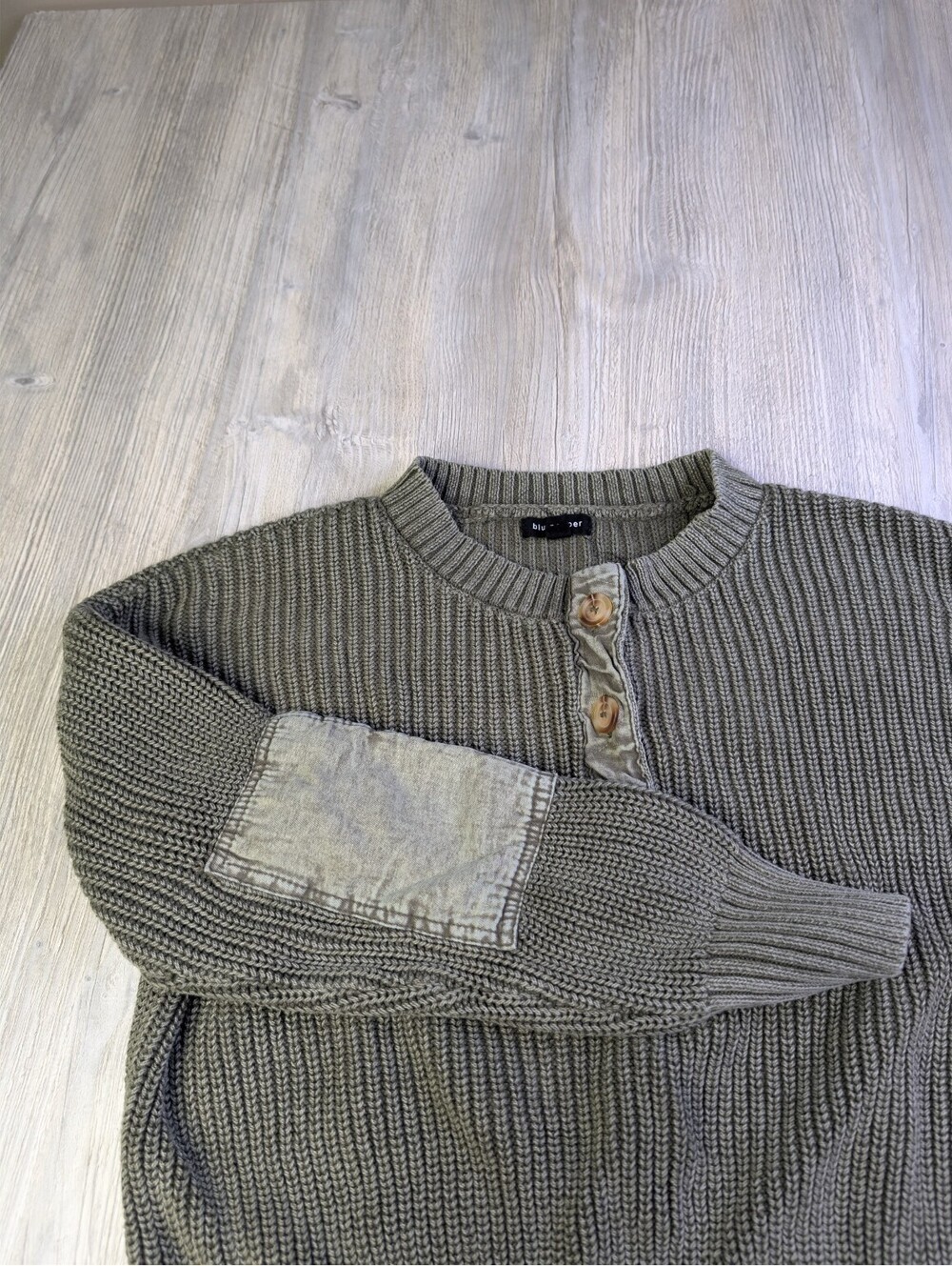 Blu pepper Olive Green Knit Sweater with Button Detail and Elbow Patches
